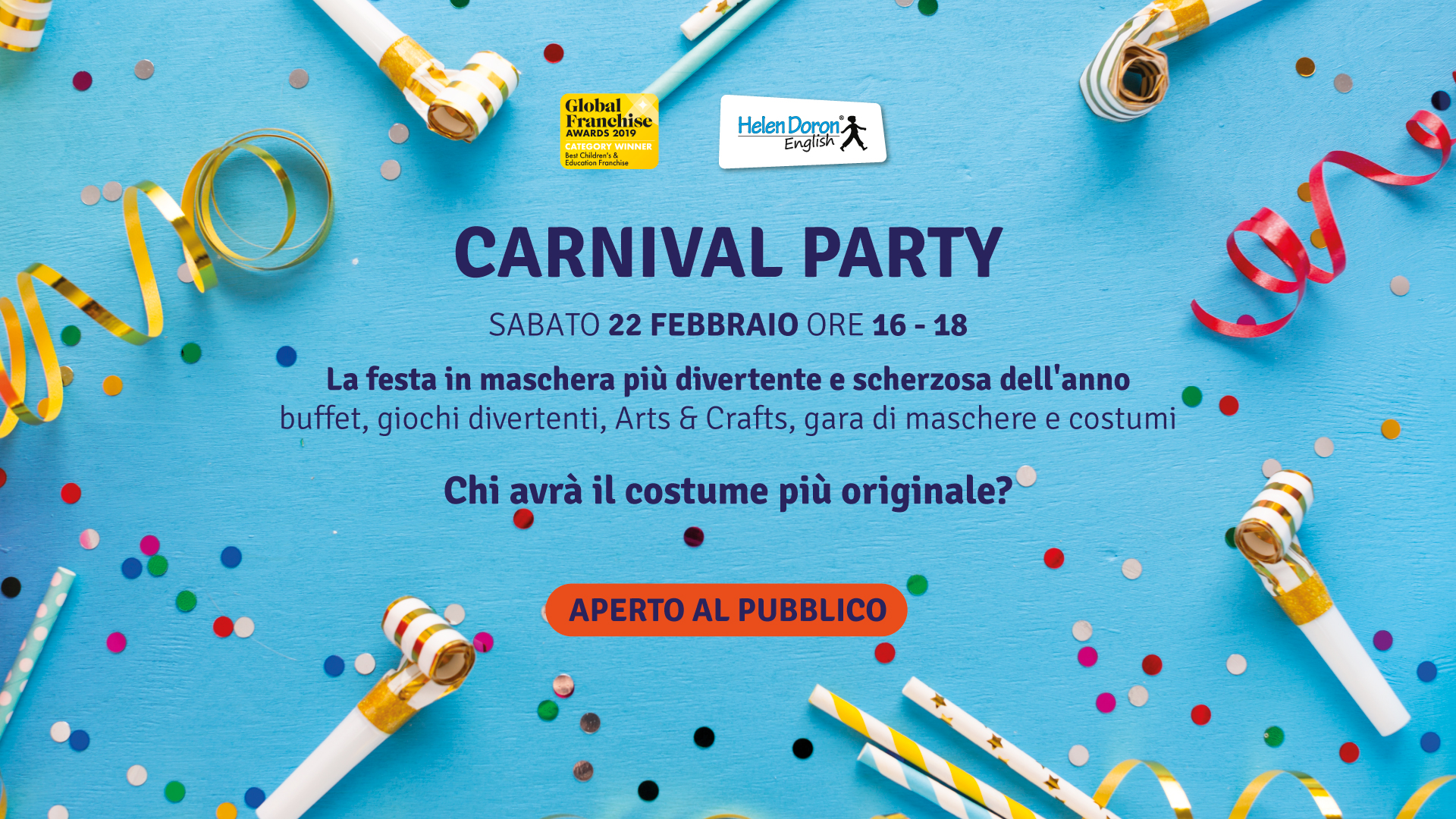 Scopri di pi&ugrave; sull'articolo CARNIVAL PARTY- FESTA MASCHERATA A HELEN DORON ENGLISH TRENTO